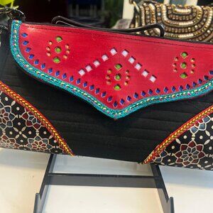 Handcrafted Embroidered ajrakh print Clutch Bag